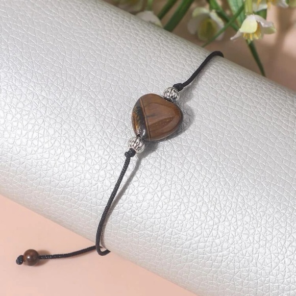 Tiger's Eye Heart Bead Bracelet Black String - Picture 1 of 7